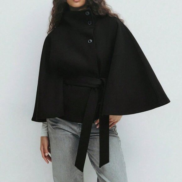 Black Elegant Women's Cloak With Stand Collar, Button Closure And Belt - Picture 3 of 4